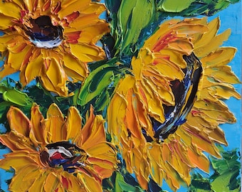 油絵 昭和 レトロ アンティーク ひまわり ひまわり 黄色の厚塗りの花 オリジナル油絵 25 x 25 cm - Etsy 日本