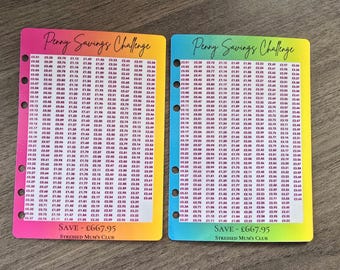 May include: Two colorful printable charts with a penny savings challenge. The charts are pink and yellow, and blue and yellow. Each chart has a grid of numbers from 0.01 to 1.11, with a total savings amount of £667.95 at the bottom. The text "Penny Savings Challenge" and "Stressed Mum's Club" is printed on each chart.