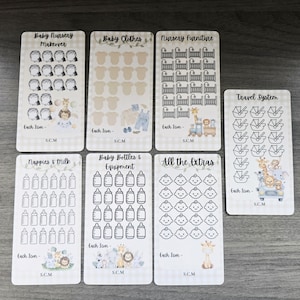 May include: A set of baby-themed planner stickers featuring illustrations of baby items like clothes, bottles, and nursery furniture. Each sticker sheet has a different theme, including "Baby Nursery Makeover" and "Travel System." The stickers are set against a light beige gingham background.