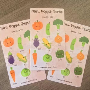 May include: Three colourful cards with the title "Mini Veggie Saver" and the text "Saves - £70". Each card features a grid of cartoon vegetables with prices listed in pounds sterling.