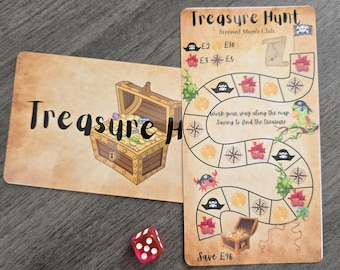 May include: A pirate-themed game with the words "Treasure Hunt" on a card, featuring a treasure chest illustration. A red die with white dots is next to the cards. The game board has a map design with pirate-themed illustrations.