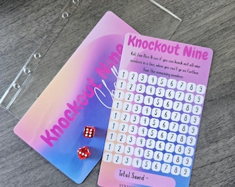 May include: A game set with a clear plastic sleeve, a card with the text "Knockout Nine", and two red dice. The card has a grid of numbers and instructions. The game is designed to help save money.