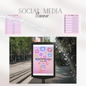 May include: A social media planner set featuring a pink account tracking sheet, a weekly schedule page, and a central display board showing a smartphone graphic with floating social media icons and the text Social Media Post Planner.