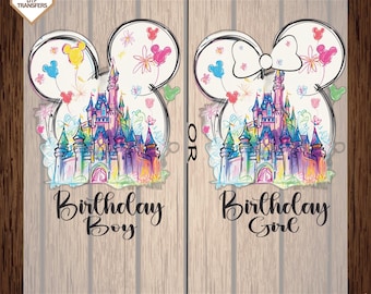 Custom Birthday Watercolor Magical Kingdom Ready To Press, Mouse Ear Castle Dtf Transfers,Retro Colorful Castle Direct To Film, Girl or Boy