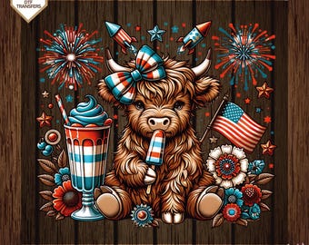Patriotic Highland Cow Ready To Press, Highland Cow Dtf Transfers, 4th of July Heat Press,  Coquette Highland Cow Dtf