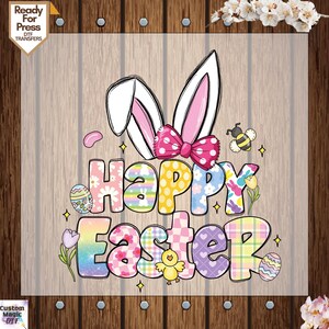May include: A colorful Happy Easter design with bunny ears, a bee, and a chick. The letters are decorated with various Easter patterns, including polka dots, stripes, and plaid.