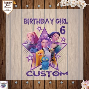 May include: A DTF transfer featuring three animated girls inside a purple star with the text "BIRTHDAY GIRL 6 CUSTOM". The girls have pink, purple, and black hair. A blue cartoon cat is in the center.