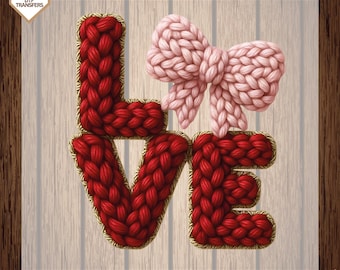 Faux Yarn LOVE Bow Valentine’s Day Heart Ready To Press, Retro Valentine Dtf Transfers, Valentine's Day Heat Press, XOXO Direct To Film,