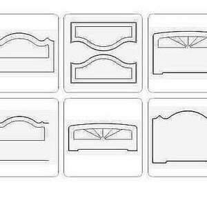 May include: A collection of six black and white line drawings depicting various headboard designs. The illustrations feature rectangular shapes with arched, curved, and sunburst-patterned top edges, presented in a grid layout on a white background.