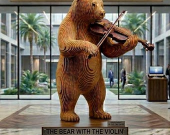 Grande orso parametrico in legno con violino - Scultura in legno personalizzata realizzata a mano