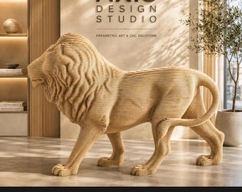 Grande scultura parametrica di leone in compensato di betulla / Statua di leone in legno stratificato / Pezzo d'arredamento di lusso moderno, realizzato con macchine a controllo numerico (CNC) da parete a pavimento