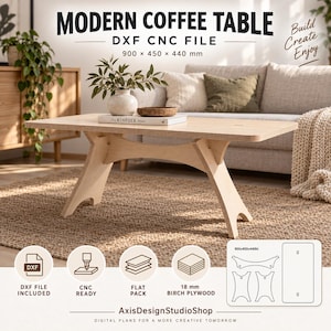May include: A light-colored wooden coffee table with a rectangular top and angled legs. The image includes text: MODERN COFFEE TABLE DXF CNC FILE 900 x 450 x 440 mm, Build Create Enjoy, DXF FILE INCLUDED, CNC READY, FLAT PACK, 18 mm BIRCH PLYWOOD.