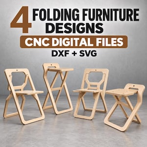 Könnte beinhalten: Vier klappbare Möbeldesigns aus hellem Holz, dargestellt als digitale CNC-Dateien in den Formaten DXF und SVG. Das Bild enthält den Text 4 FOLDING FURNITURE DESIGNS CNC DIGITAL FILES DXF + SVG über vier verschiedenen Stuhlmodellen.