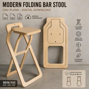 Puede incluir: Un taburete de bar plegable de madera clara mostrado en posiciones ensamblada y plegada. La descarga digital incluye archivos DXF, EPS y PDF para máquinas CNC. Incluye un diseño plegable, fácil montaje y dos opciones de altura de 75 cm y 80 cm.