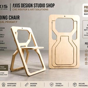 May include: A light-colored wooden folding chair shown in both an assembled upright position and a flat, folded position. The text on the image includes Axis Design Studio Shop, Folding Chair, Physical Product, Premium Quality, and Built to Last.