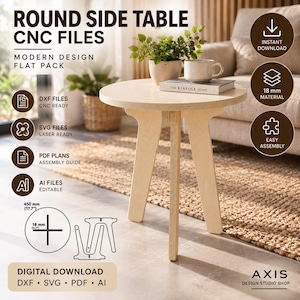 May include: A round side table made of light-colored plywood with three legs. The image includes text for CNC files, DXF, SVG, PDF, and AI formats, noting 18 mm material, 450 mm height, and digital download availability for this flat pack furniture.