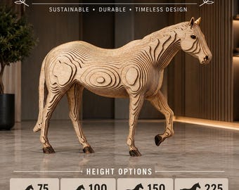 Grande scultura parametrica di cavallo, decorazione in legno realizzata a mano, pezzo forte in compensato stratificato, dimensioni personalizzabili 75–225 cm