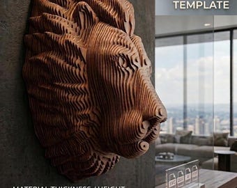 Piani parametrici per fresatura CNC di teste di leone, file di taglio laser per scultura murale di leoni a strati PDF DXF Eps, modello di trofeo in legno 3D Glowforge, digitale