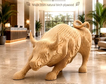 Grande scultura parametrica di toro, decorazione in legno realizzata a mano, pezzo forte in compensato stratificato, dimensioni personalizzabili 75–225 cm