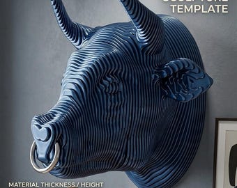Piani parametrici per fresatrice CNC a testa di toro, file di taglio laser per scultura murale a strati a forma di toro in PDF DXF Eps, modello per trofeo in legno 3D Glowforge, digitale