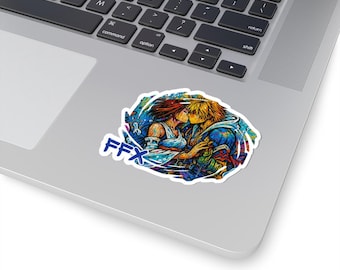 May include: A colorful sticker featuring two figures in an embrace, with the text "FFX" in blue. The artwork has a stained-glass effect, with vibrant blues, reds, and yellows. The sticker is placed on a laptop.