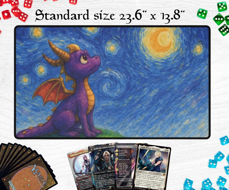 May include: A gaming mat with a purple dragon illustration set against a starry night sky, measuring 23.6" x 13.8". The dragon has orange wings and horns. Several trading cards and dice surround the mat.