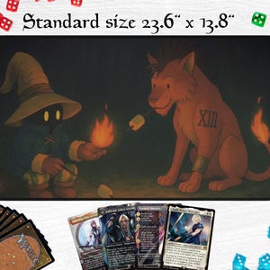 May include: A gaming mousepad featuring a Final Fantasy scene with two characters roasting marshmallows over a fire. The mousepad is 60cm x 35cm and includes several Magic: The Gathering cards.