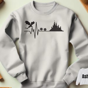 D&D Heartbeat Sweatshirt Castle Dragon D20 Dice Design Unisex Crewneck Jumper Geeky Gamer Gift RPG Fan Apparel