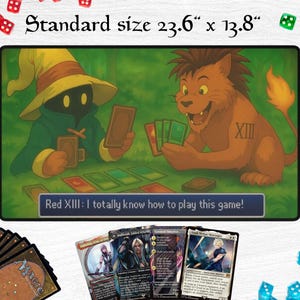 May include: A gaming mat with a cartoon illustration of two characters playing cards. The mat measures 60 cm x 35 cm and includes the text "Red XIII: I totally know how to play this game!"