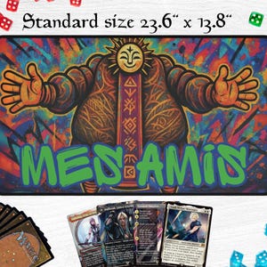 May include: A rectangular playmat with a colorful design featuring a figure with outstretched arms and the text "MES AMIS" in green. The mat measures 23.6" x 13.8" and is surrounded by dice and trading cards.