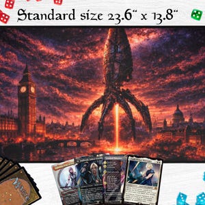 May include: A gaming mouse pad with a fantasy cityscape scene, featuring a large mechanical structure and a fiery sky. The pad measures 23.6" x 13.8". Several Magic: The Gathering cards and dice are visible.