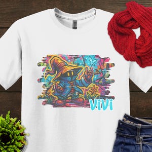 Camiseta de grafiti de Vivi de Final Fantasy, camiseta unisex de estilo suave de FFIX, regalo para gamers, camiseta de videojuegos, ropa para fans de Final Fantasy 9, top de juegos retro.