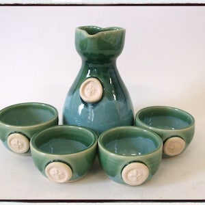 Fleur de Lis Sake Set: Turquoise Green Glazed Stoneware, Heart Spout