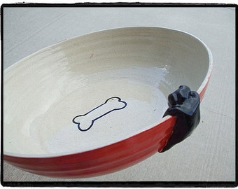 Peekaboo Big Bowl with Dog and Dog Bone in Red/White by misunrie