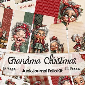 May include: A collection of Christmas-themed junk journal pages. The illustrations feature a cartoon grandma with glasses and a red bow. The kit includes patterned papers, tags, and the text "Grandma Christmas" and "Junk Journal Folio Kit".