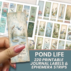 May include: A collection of printable journal labels and ephemera strips featuring pond life illustrations, including dragonflies, frogs, turtles, and water plants. The rectangular strips display various nature scenes and text like Pond Life.