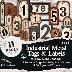 Metalen rustieke industriële grungy nummerlabels afdrukbare ongewenste dagboek digitaal gedownloade kortstondige tag metalen nummers kieskeurige snijbladen