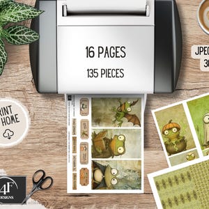 A whimsical frog-themed junk journal kit with 135 printable pieces featuring quirky frogs and toads in Halloween costumes, pumpkins, enchanted foliage, spooky tags, mystical tickets, vintage ephemera, and journal pages. Includes pockets, tags, cards, and more for crafting, scrapbooking, and journaling.