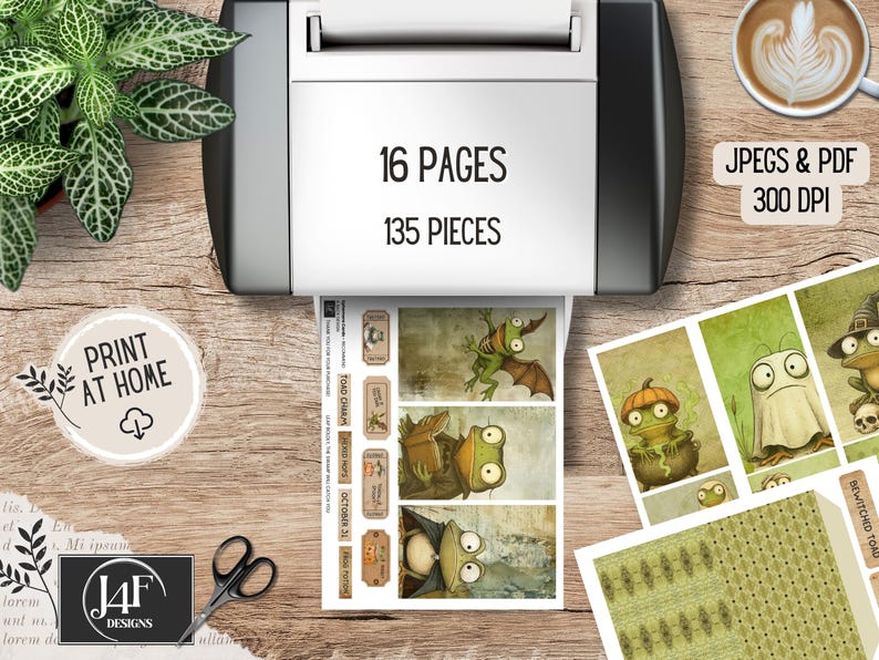 A whimsical frog-themed junk journal kit with 135 printable pieces featuring quirky frogs and toads in Halloween costumes, pumpkins, enchanted foliage, spooky tags, mystical tickets, vintage ephemera, and journal pages. Includes pockets, tags, cards, and more for crafting, scrapbooking, and journaling.