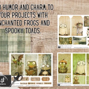 A whimsical frog-themed junk journal kit with 135 printable pieces featuring quirky frogs and toads in Halloween costumes, pumpkins, enchanted foliage, spooky tags, mystical tickets, vintage ephemera, and journal pages. Includes pockets, tags, cards, and more for crafting, scrapbooking, and journaling.