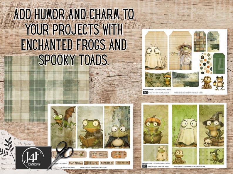 A whimsical frog-themed junk journal kit with 135 printable pieces featuring quirky frogs and toads in Halloween costumes, pumpkins, enchanted foliage, spooky tags, mystical tickets, vintage ephemera, and journal pages. Includes pockets, tags, cards, and more for crafting, scrapbooking, and journaling.