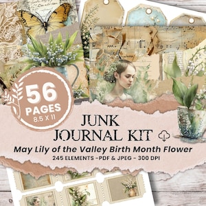 Kit de journal de fleurs indésirables de muguet de mai, mois de naissance, journal de fleurs indésirables printanier, numérique, éphémères téléchargés, découpe difficile, imprimable