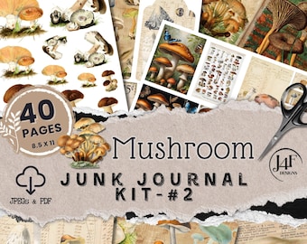 May include: A digital junk journal kit featuring 40 pages of mushroom-themed illustrations. The kit includes various botanical mushroom prints, vintage-style paper textures, and text labels. The pages measure 8.5 by 11 inches in JPEG and PDF formats.
