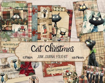 CAT CHRISTMAS Folio Junk Journal Kit, Christmas Ephemera Loaded Pocket Tag Printable Cute Holiday Digital Fussycut DIY Decorate Journal pdf