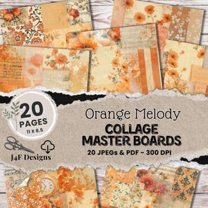 Orange Shabby Cottage Core Digital Downloaded Journal Paper Grungy Collage Masterboard Cutting Sheet Instantly Printable Scrappy Backing PDF