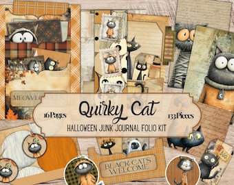May include: A junk journal folio kit featuring 16 pages and 133 pieces with illustrations of black cats, pumpkins, and autumn themes. The kit includes text elements such as MEOWLOWEEN, Quirky Cat, and BLACK CATS WELCOME in a decorative layout.