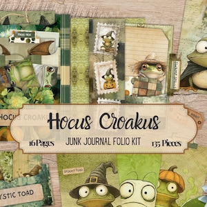 May include: A collection of scrapbook paper and ephemera with a whimsical frog theme. The kit includes pages, stamps, and tags with frog illustrations, pumpkins, and the text "Hocus Croakus". The kit contains 16 pages and 135 pieces.