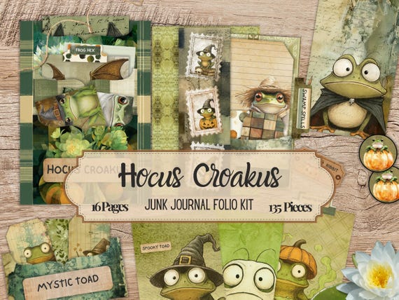 QUIRKY FROG HALLOWEEN Junk Journal Loaded Folio Kit, Digital Downloaded Ephemera Instantly Printable, Cottagecore Spooky Simple Project Tags