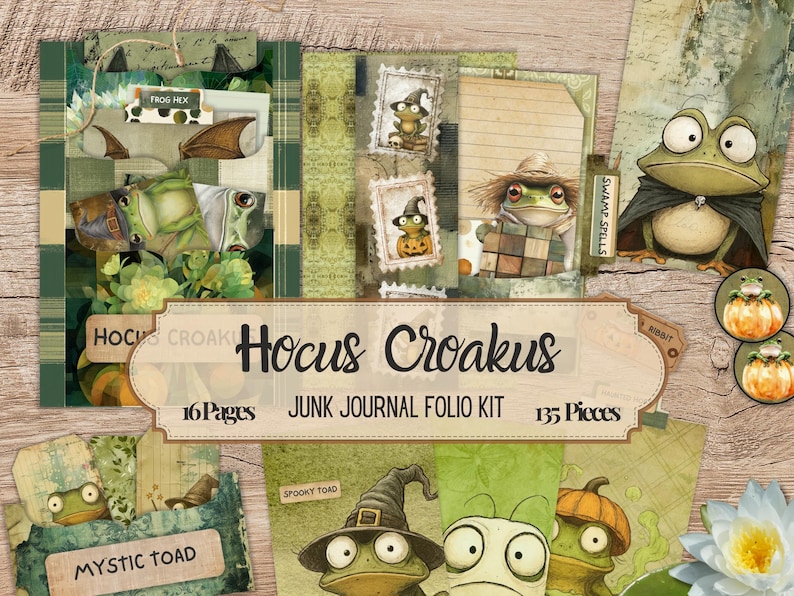 A whimsical frog-themed junk journal kit with 135 printable pieces featuring quirky frogs and toads in Halloween costumes, pumpkins, enchanted foliage, spooky tags, mystical tickets, vintage ephemera, and journal pages. Includes pockets, tags, cards, and more for crafting, scrapbooking, and journaling.