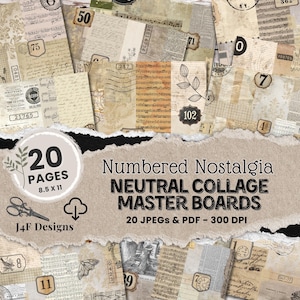 Druckbares Master Board Collage-Papiere Neutral Basic Journal Seiten Anzahl Schneidepapiere Digital heruntergeladene Junk Journal Druckpapiere